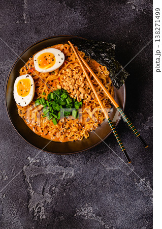 Korean style instant noodle, Shin Ramyeon with peanut and egg. Korean style instant noodle, Shin Ramyeon with peanut and egg. 138271499