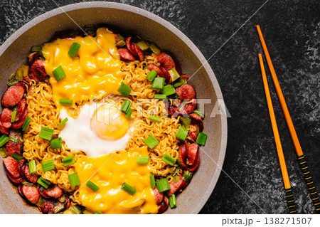 Korean style instant noodle, Shin Ramyeon with sausages Korean style instant noodle, Shin Ramyeon with sausages 138271507