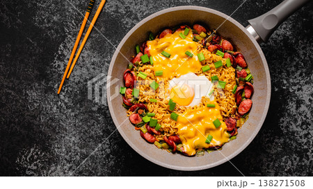 Korean style instant noodle, Shin Ramyeon with sausages Korean style instant noodle, Shin Ramyeon with sausages 138271508