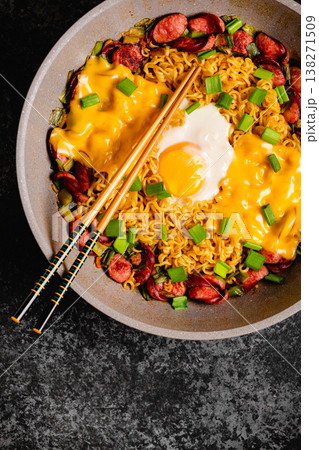Korean style instant noodle, Shin Ramyeon with sausages Korean style instant noodle, Shin Ramyeon with sausages 138271509