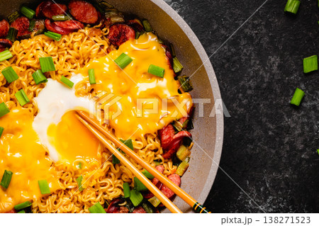 Korean style instant noodle, Shin Ramyeon with sausages Korean style instant noodle, Shin Ramyeon with sausages 138271523