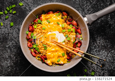 Korean style instant noodle, Shin Ramyeon with sausages 138271524