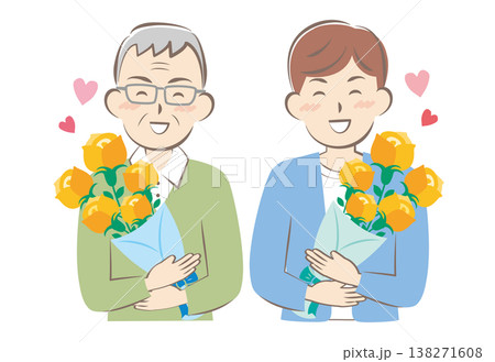 父の日にバラの花束をもらうお父さんとおじいちゃん 138271608