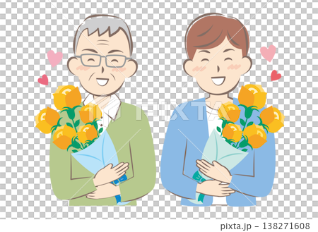 父の日にバラの花束をもらうお父さんとおじいちゃん 138271608