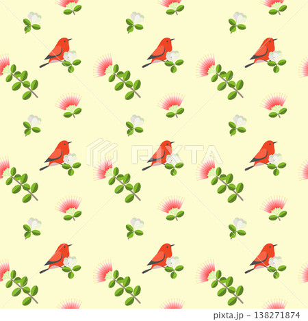 クリーム色の背景に、オヒアレフアの花とかわいいアパパネ鳥のイラストが描かれたシームレスパターン 138271874