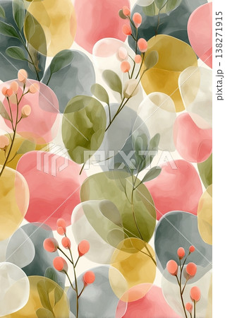 Soft holographic blobs and delicate botanical elements create a vibrant, abstract composition, showcasing a harmonious blend of colors and shapes in a visually captivating design 138271915