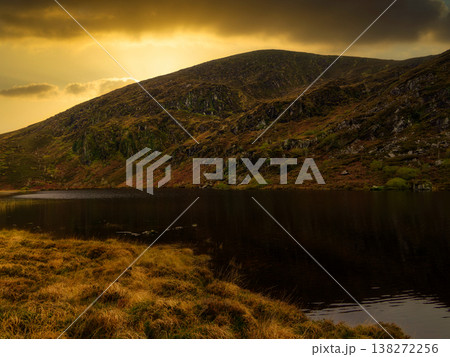 Lake shore with dry golden grass and autumn heather covered slopes reflecting in dark water. 138272256