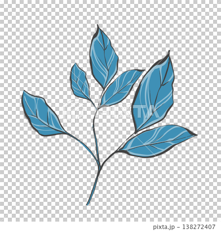 Single botanical branch with blue leaves in original hand drawn illustration style. 138272407