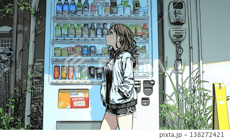 自動販売機で飲み物を購入する若い女性｜日常・ライフスタイル・屋外シーン