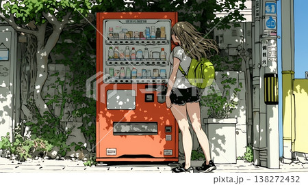 自動販売機で飲み物を購入する若い女性｜日常・ライフスタイル・屋外シーン