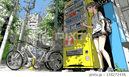 自動販売機で飲み物を購入する若い女性｜日常・ライフスタイル・屋外シーン