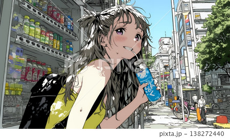 自動販売機で飲み物を購入する若い女性｜日常・ライフスタイル・屋外シーン