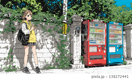 自動販売機で飲み物を購入する若い女性｜日常・ライフスタイル・屋外シーン