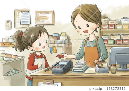 初めてのお使いでレジに立つ女の子｜地域のお店で買い物を学ぶイメージイラスト 138272511