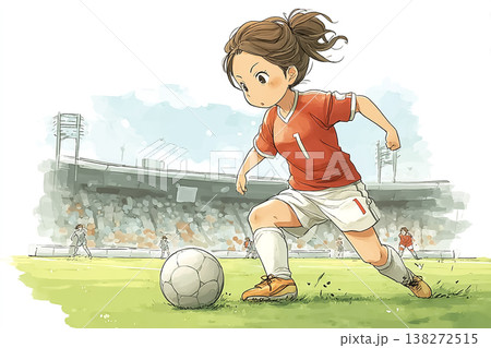 サッカーの試合でボールを追う女子選手のイラスト|競技シーンとスポーツイメージ サッカーの試合でボールを追う女子選手のイラスト|競技シーンとスポーツイメージ 138272515