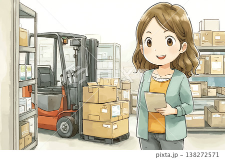 フォークリフトの前で微笑む女性スタッフ｜物流倉庫で働く現場イメージ 138272571
