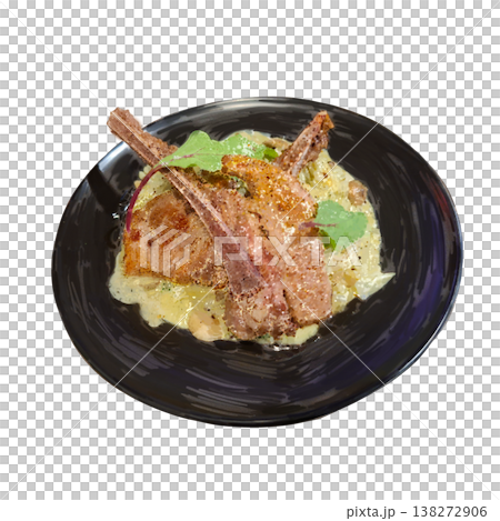 手繪, 青醬燉飯, 烤小羊排, 放在, 黑盤上, 白色背景, 可去背 138272906