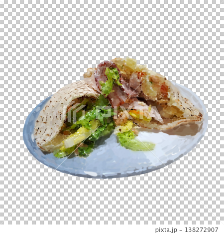 手繪, 填充口袋餅, 口袋餅三明治, 配, 培根, 生菜, 雞肉, 馬鈴薯沙拉, 放在, 可去背 138272907