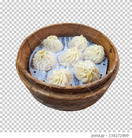 手繪, 小籠湯包, 在, 竹蒸籠裡, 放在, 有花紋的盤子上, 筷子, 醬料碟, 可去背,白色背景 138272909