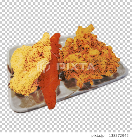 手繪, 天婦羅拼盤,炸蔬菜, 蟹肉棒, 白帶魚, 放在, 花紋盤子上, 白色背景,去 138272945