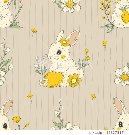 Easter Bunny Seamless Pattern Eggs Flowers Whimsical Handdrawn Spring Holiday Vector Background 138273174