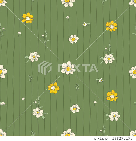 Whimsical Tiny Daisy Flower Seamless Pattern With Stripes Floral Spring Summer Background 138273176