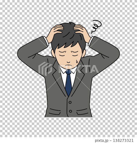 一位表情憂慮的商人雙手抱頭的向量插圖。 一位表情憂慮的商人雙手抱頭的向量插圖。 138273321