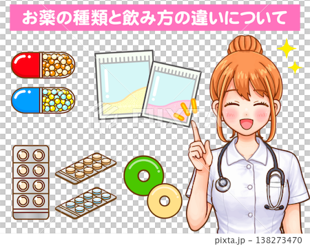 Animated illustration of a nurse explaining medication. 138273470