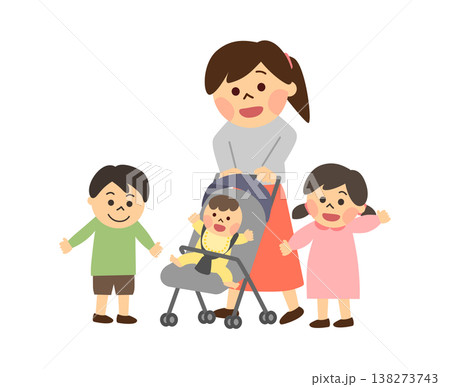ベビーカーに乗る赤ちゃんと親子 138273743