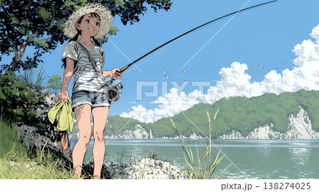 岸から魚釣りを楽しむ若い女性｜渓流・自然・アウトドア・ライフスタイル