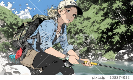 岸から魚釣りを楽しむ若い女性｜渓流・自然・アウトドア・ライフスタイル