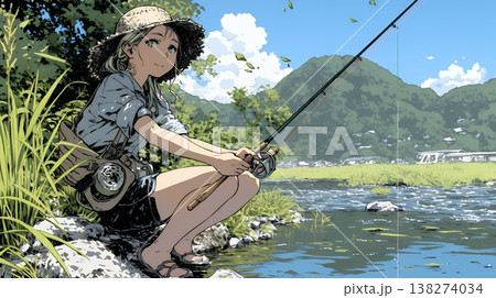 岸から魚釣りを楽しむ若い女性｜渓流・自然・アウトドア・ライフスタイル