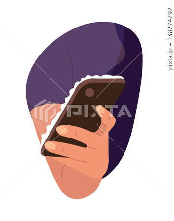 Hands holding smartphone close-up at night, scrolling feed on mobile device, social media and digital communication concept, modern flat vector illustration, minimalist style. Hands holding smartphone close-up at night, scrolling feed on mobile device, social media and digital communication concept, modern flat vector illustration, minimalist style. 138274292