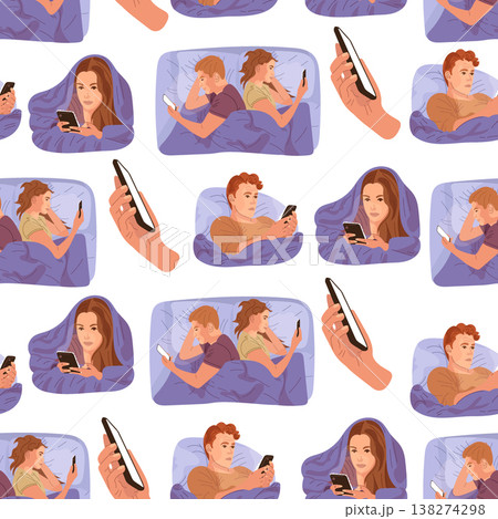 Seamless pattern with people using smartphones in bed at night, insomnia and digital addiction concept, modern flat vector illustration Seamless pattern with people using smartphones in bed at night, insomnia and digital addiction concept, modern flat vector illustration 138274298