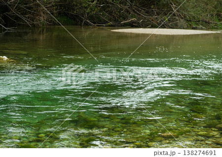 Turquoise water in mountain river, current, rocky shore. 138274691