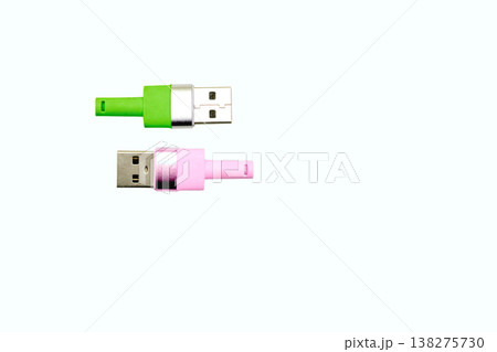 Pink green usb plug cables for connection on white Pink green usb plug cables for connection on white 138275730