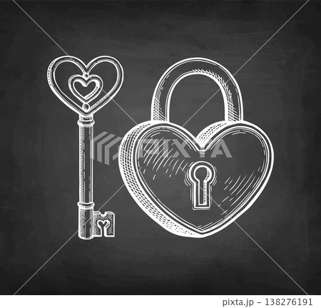 Heart shaped padlock and key. Chalk sketch. Heart shaped padlock and key. Chalk sketch. 138276191
