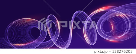 Abstract glowing light wave spiral background. Neon twist lines stream, futuristic energy flow, dynamic purple vortex, digital motion light trails design. Ai Radiance Waves BG. Vector illustration. 138276203