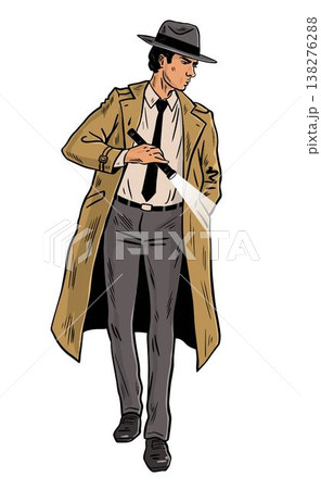 Detective Man with Flashlight in Trench Coat Pop Art Style Detective Man with Flashlight in Trench Coat Pop Art Style 138276288