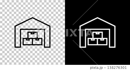 Line icon of a warehouse with stacked cardboard boxes. Monochrome vector illustration set. Line icon of a warehouse with stacked cardboard boxes. Monochrome vector illustration set. 138276301