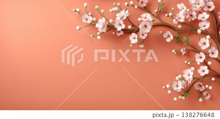 Spring festival cherry blossom branch with delicate pink flowers on coral background Spring festival cherry blossom branch with delicate pink flowers on coral background 138276648