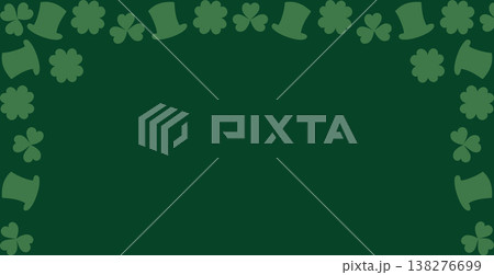Top Frame border made of clover leaves and leprechaun hats with copy space St Patricks Day Template. Vector illustration Greetings Promotional Print Materials Sample Promo Banner, leaflet, labels, tag Top Frame border made of clover leaves and leprechaun hats with copy space St Patricks Day Template. Vector illustration Greetings Promotional Print Materials Sample Promo Banner, leaflet, labels, tag 138276699
