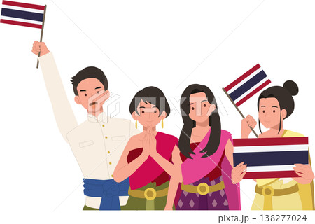thai men and women wearing traditional costumes celebrate a national festival in thailand with flags smiles and greeting gesture representing cultural identity and unity thai men and women wearing traditional costumes celebrate a national festival in thailand with flags smiles and greeting gesture representing cultural identity and unity 138277024
