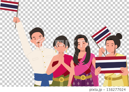 thai men and women wearing traditional costumes celebrate a national festival in thailand with flags smiles and greeting gesture representing cultural identity and unity thai men and women wearing traditional costumes celebrate a national festival in thailand with flags smiles and greeting gesture representing cultural identity and unity 138277024
