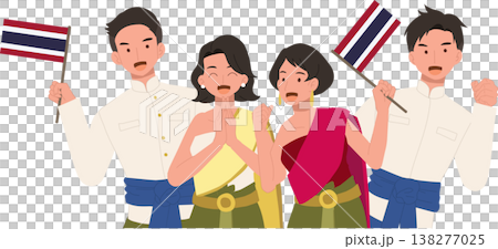 thai men and women in traditional dress holding thailand flags during a cultural celebration in thailand showing heritage identity and community spirit 138277025