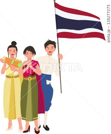 thailand songkran water festival with thai people holding flag and water gun traditional celebration in april southeast asia 138277273