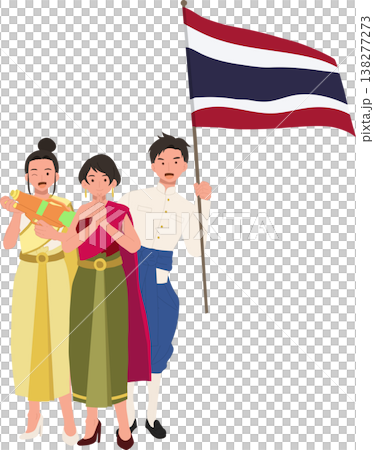 thailand songkran water festival with thai people holding flag and water gun traditional celebration in april southeast asia 138277273