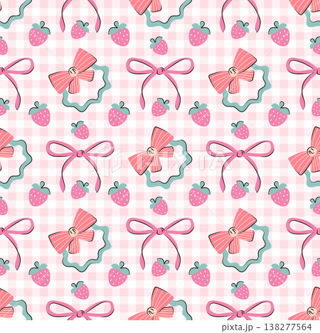 Seamless pattern with pink bows and strawberries on checkered background. Cute summer textile print in a girly style. Decorative wrapping, tablecloths, kitchen textiles plaid, birthday accessories. Seamless pattern with pink bows and strawberries on checkered background. Cute summer textile print in a girly style. Decorative wrapping, tablecloths, kitchen textiles plaid, birthday accessories. 138277564