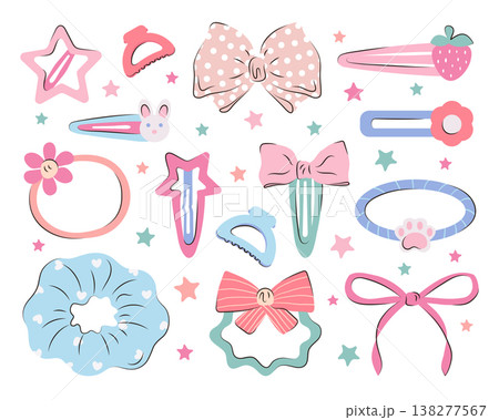 Set of cute hair accessories for girls. Collection of colorful hair clips, bows, hair ties, scrunchie with star and flower decorations. Stylish hair decorations for clothing designs, sticker packs 138277567