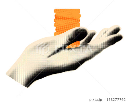 Halftone hand holding stack of gold coins. Paper clipping shape and vintage dotted texture. Save money, finance, payment, cash concept sticker for collage. Modern retro vector illustration isolated 138277762